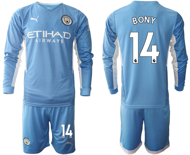 Men 2021-2022 Club Manchester city home Light blue Long Sleeve #14 Soccer Jersey